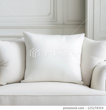White square interior pillow mockup, throw pillow template in contemporary home room interior, AI generated home decor 125278354