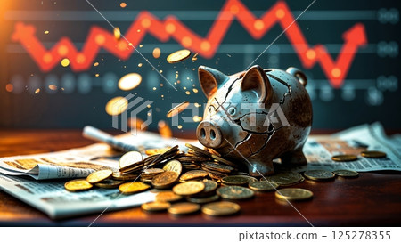 Coins spilling from a cracked piggy bank on newspapers with a stock market graph in the background during daylight hours 125278355