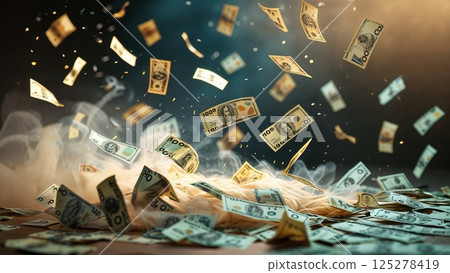 Money falling in a dramatic display, illuminated by soft lighting in an artistic setting Money falling in a dramatic display, illuminated by soft lighting in an artistic setting 125278419