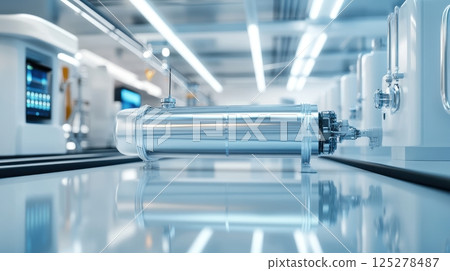 Futuristic industrial cylindrical equipment in modern factory setting for advanced technology design. Stream of fuel pouring 125278487