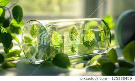Lush green leaves in glass container symbolizing eco-friendly living and nature conservation. Stream of fuel pouring 125278499