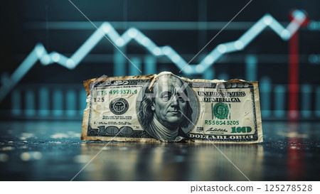 Dollar bill placed on table in front of financial chart showing market trends and fluctuations during trading hours Dollar bill placed on table in front of financial chart showing market trends and fluctuations during trading hours 125278528