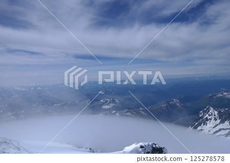 Tranquil Lake With Lush Green Forest, Snow-Capped Mountain, Blue Sky And White Clouds 125278578
