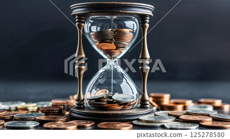 Coins fill an hourglass highlighting the relationship between time and money in a creative concept 125278580
