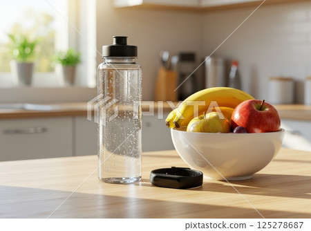 A water bottle, fitness tracker, and bowl of fruit sit on a wooden table in a kitchen setting A water bottle, fitness tracker, and bowl of fruit sit on a wooden table in a kitchen setting 125278687
