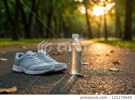 Running shoes and water bottle on asphalt path in sunny park 125278689