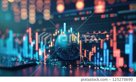 Digital financial analysis showcasing global market trends with colorful charts and graphs at night 125278690