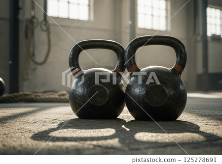 Pair of black kettlebells on textured gym floor, ready for training 125278691