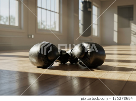 Black boxing gloves on wooden gym floor, ready for training 125278694