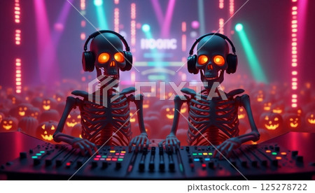 Skeletons like a DJ with headphones are making a party and playing on the DJ console, a stage lights and night club environment Skeletons like a DJ with headphones are making a party and playing on the DJ console, a stage lights and night club environment 125278722
