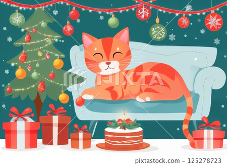 cat and Christmas cake, with decorations for New Year holidays, festive background, winter fairy tale 125278723