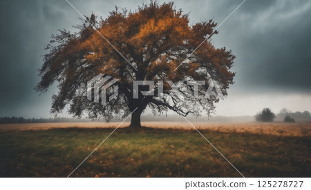 one big tree in a field with dry grass and forest in the autumn season, beautiful nature, rainy weather, cloudy 125278727
