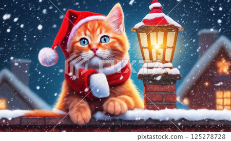 cat sitting on a snow covered roof, New Year's holiday, festive background, winter fairy tale 125278728