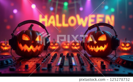 Pumpkins like a DJ with headphones are making a party and playing on the DJ console, a stage lights and night club environment 125278732