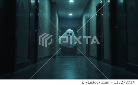 A ghost in the doorway of a dark hallway, on Halloween night, dark and scary 125278734