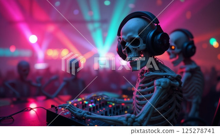 Skeletons like a DJ with headphones are making a party and playing on the DJ console, a stage lights and night club environment Skeletons like a DJ with headphones are making a party and playing on the DJ console, a stage lights and night club environment 125278741