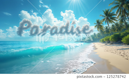 a beautiful ocean coast with beach, palms, waves and sun, against a blue sky background with text inscription Paradise, summer resort seascape a beautiful ocean coast with beach, palms, waves and sun, against a blue sky background with text inscription Paradise, summer resort seascape 125278742