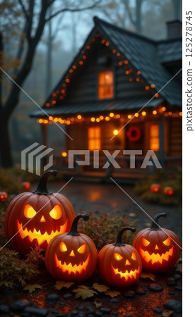 a house decorated with pumpkins and decorations and lights for the Halloween holiday, a rural house in the night forest, autumn nature a house decorated with pumpkins and decorations and lights for the Halloween holiday, a rural house in the night forest, autumn nature 125278745