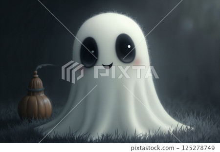 Cute ghost in the night forest, Halloween party, dark and moonlight Cute ghost in the night forest, Halloween party, dark and moonlight 125278749