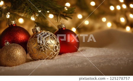 Christmas decorations and gifts, background for new year celebrations, winter fairy tale Christmas decorations and gifts, background for new year celebrations, winter fairy tale 125278757