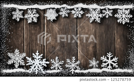 wooden background and snow frame for New year celebrations or Christmas decorations 125278759