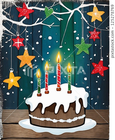 Christmas cake with decorations for New Year's holidays, wooden background, winter fairy tale 125278769