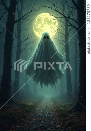 A ghost flies in the forest on Halloween night, moonlight, autumn nature, dark and scary A ghost flies in the forest on Halloween night, moonlight, autumn nature, dark and scary 125278780