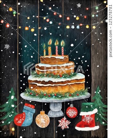 Christmas cake with decorations for New Year's holidays, wooden background, winter fairy tale 125278781
