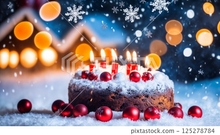 Christmas cake with decorations for New Year's holidays, beautiful background, winter fairy tale 125278784