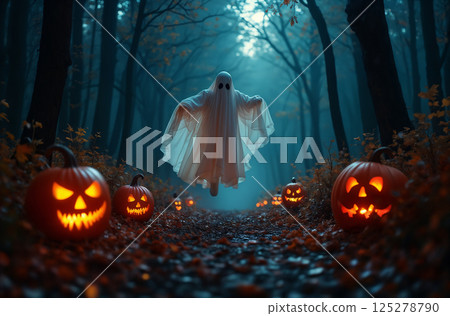A ghost flies in the forest on Halloween night, moonlight, autumn nature, dark and scary 125278790