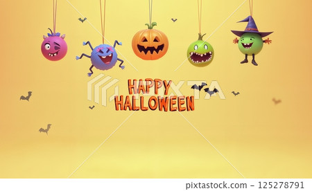 illustration of Halloween decorations with pumpkins and monster faces on a yellow color background 125278791
