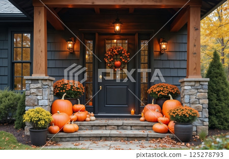 the porch of the house is decorated with pumpkins and decorations for the Halloween holiday, a rural house in the forest, autumn nature 125278793