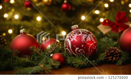 Christmas decorations and gifts, background for new year celebrations, winter fairy tale Christmas decorations and gifts, background for new year celebrations, winter fairy tale 125278800