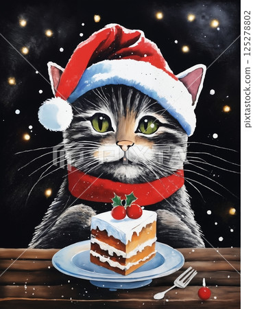 cat and Christmas cake, with decorations for New Year holidays, wooden background, winter fairy tale 125278802