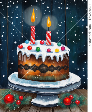 Christmas cake with decorations for New Year's holidays, wooden background, winter fairy tale 125278822