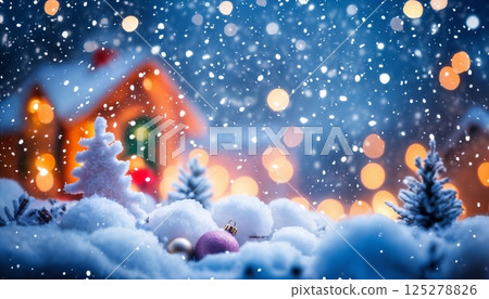 winter village with Christmas decorations, background for New year celebrations, winter fairy tale 125278826