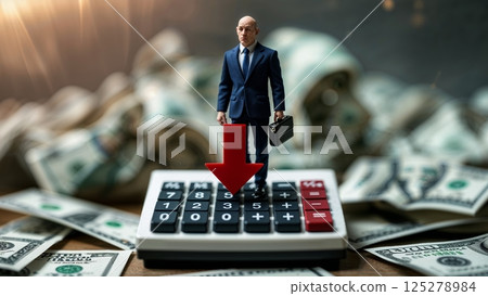 Business figure with briefcase standing on calculator amidst cash background reflects financial challenges and decision-making in modern economy 125278984