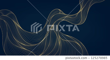 Vector abstract golden wave on dark backgrounds. Thin line modern premium shape, premium curve glitter graphic template, flow vintage art deco pattern. 125278985