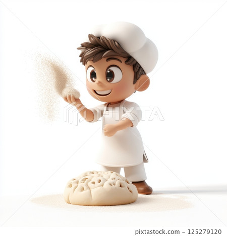 A cartoon boy is making a pizza with flour A cartoon boy is making a pizza with flour 125279120