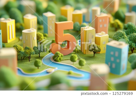 A cityscape with a large number 5 in the middle 125279169