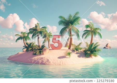 A tropical island with palm trees and a large number 5 in the middle 125279180