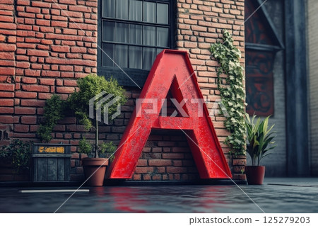 A red letter A is on a brick wall next to a potted plant 125279203