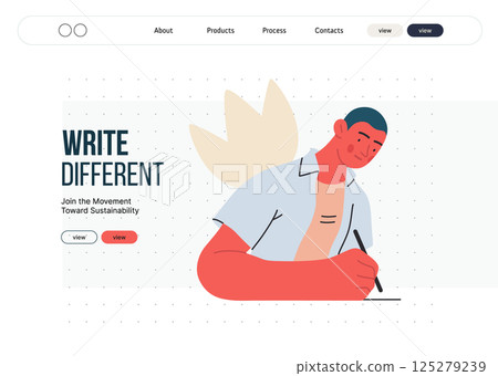 Writing people, modern flat vector concept illustration- sitting woman thoughtfully writing on paper, bubble near head Metaphor for reflection, personal insight, contemplation, creative expression 125279239