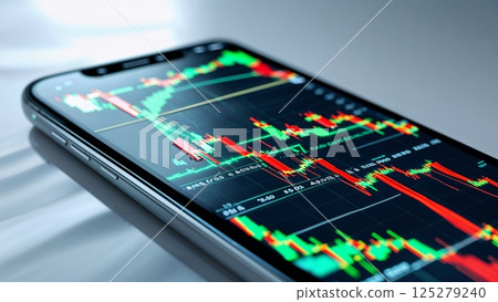 Stock market analysis displayed on a smartphone in a modern setting during daytime Stock market analysis displayed on a smartphone in a modern setting during daytime 125279240