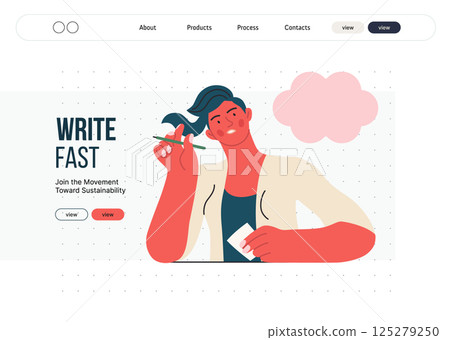 Writing people, modern flat vector concept illustration- sitting woman thoughtfully writing on paper, bubble near head Metaphor for reflection, personal insight, contemplation, creative expression 125279250