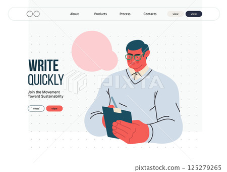 Writing people, modern flat vector concept illustration- standing man thoughtfully writing on clipboard, bubble near head Metaphor for reflection, personal insight, contemplation, creative expression 125279265