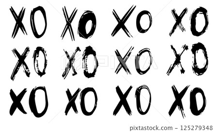 Set of greeting lettering XO hugs and kisses letter hand drawn grunge, collection of ink pastel charcoal, phrases Xo Xo, phrase for Valentine's Day, modern calligraphy brush, hugs and kisses sign 125279348