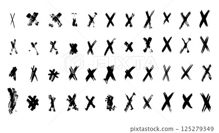 Set of black cross made with grunge brush, bold brush strokes forming cross, incorrect icons, reject vector symbols, vector buttons for vote, collection of crosses drawn with ink, grunge elements 125279349