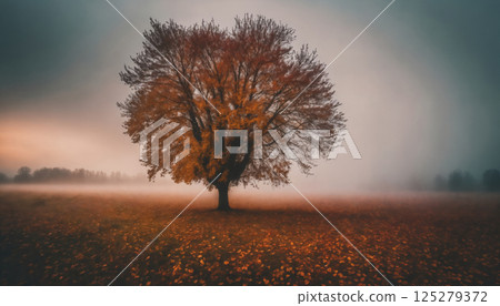one big tree in a field with dry grass and forest in the autumn season, beautiful nature, rainy weather, cloudy 125279372