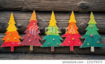 colorful Christmas tree toys as decoration on a wooden background for new year celebration, winter fairy tale 125279373
